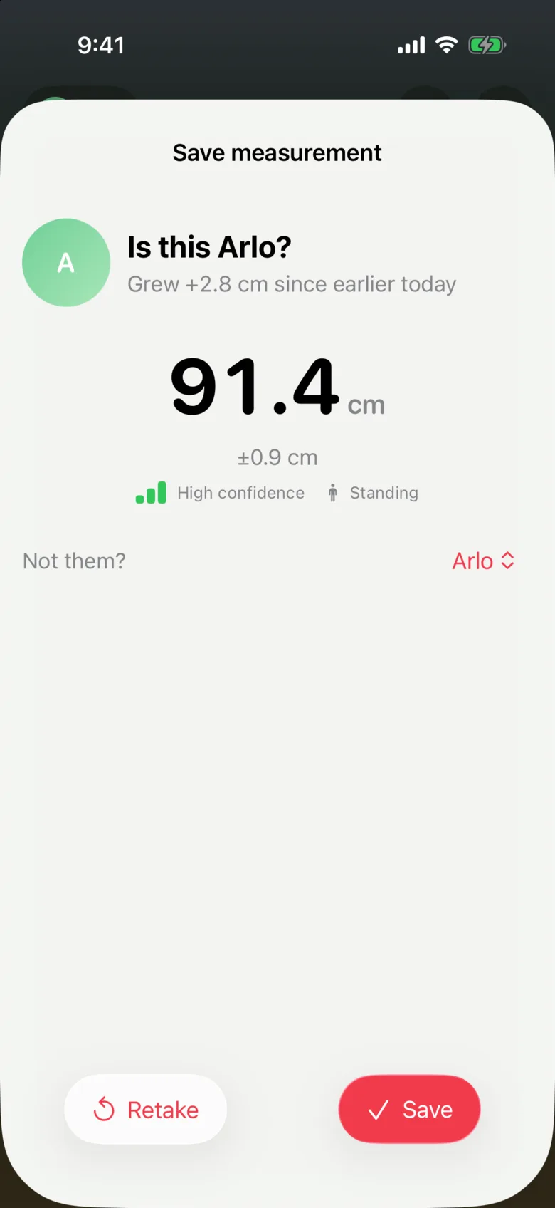 Save measurement: Is this Arlo? 91.4 cm, plus or minus 0.9 cm, high confidence, standing, with Retake and Save